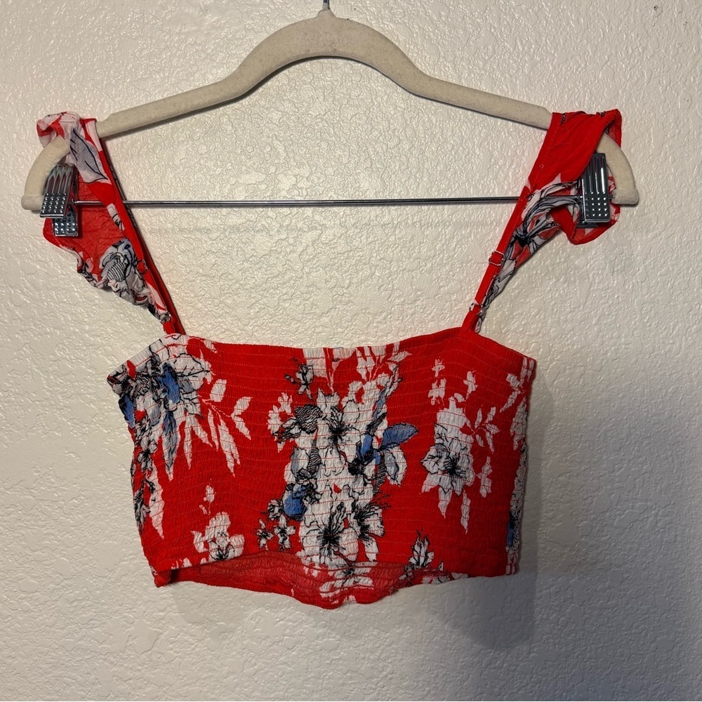 Lulus Red Tropical Print Floral Smocked Cropped Top Ruffle Straps Vacation S - Picture 6 of 6